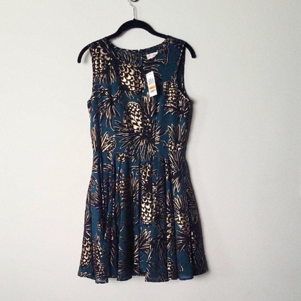 NWT Maison Jules Fit Flare S Dress Gold Pineapple Print Green Teal Retro Girly - Picture 3 of 10